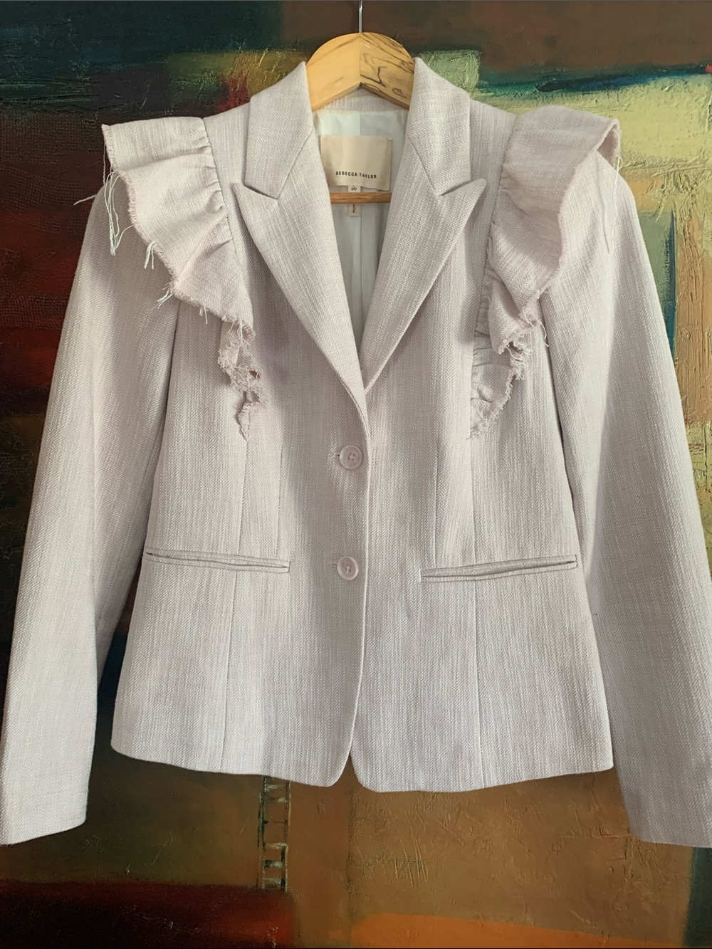 Rebecca Taylor Lavender Tweed Blazer with Frayed Ruffle Details, Size 00